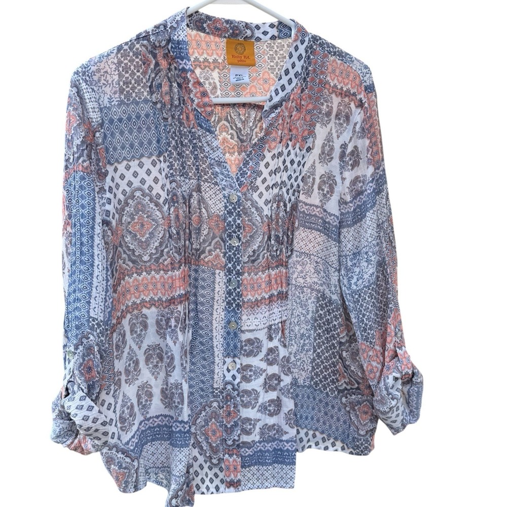 Women's Vintage Inspired Paisley Boho Patchwork Pleated  Blue Lightweight PXL